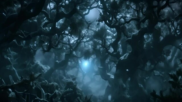 Twilight gloomy autumn forest landscape woods with trees in fog and twisted branches, full moon on backdrop. Halloween and horror concept