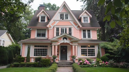 Craft man house exterior painted in peachy pink with white trims