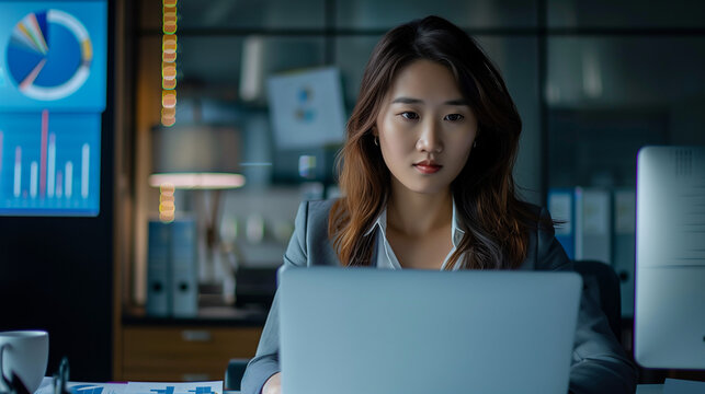 Asian businesswoman using laptop while analyzing reports in office, with professional tones of gray and blue, moderate depth with office details, focused expression, and analytical environment.
