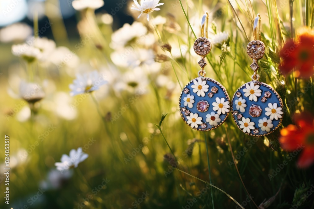 Wall mural Close-up of earrings in a field of wildflowers.