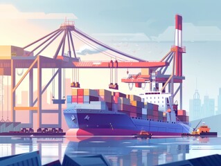 Harbor Hustle: Cargo Ship Logistics and Transportation with Crane Bridge in Action