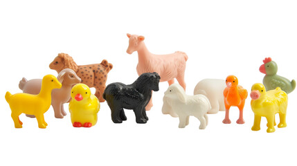 Various toy farm animals, such as cows, pigs, and chickens, are standing next to each other in a group