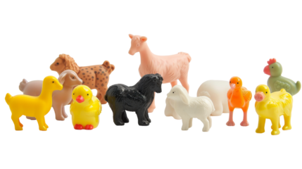 Various toy farm animals, such as cows, pigs, and chickens, are standing next to each other in a group