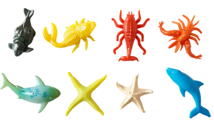 Various sea animals such as fish, turtles, dolphins, and jellyfish swimming together in their natural habitat