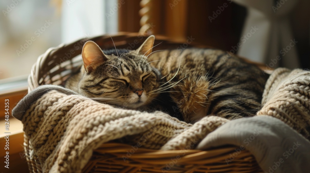 Aufkleber A large cat curled up in a wicker basket lined with soft blankets, sleeping soundly in a peaceful corner of the room