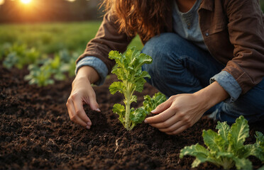 Fototapeta premium Young Female Farmer Tending to Lettuce in the Soil