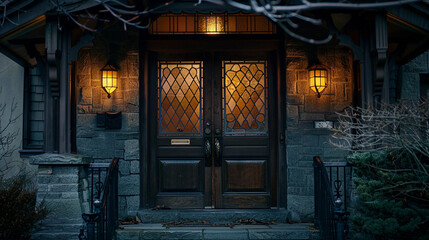 The leaded glass front door of a Craftsman house, the intricate patterns sharp in the HD image 