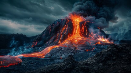 Volcano erupting hot lava and gases into the atmosphere. Lava spurting out of crater and smoke cloud