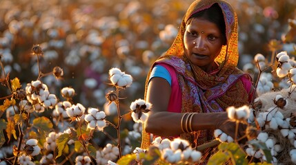 Indian woman harvesting cotton in a cotton field, Maharashtra, India