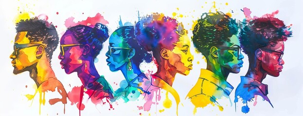 A beautiful watercolor painting of six black women in profile