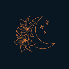 Crescent moon logo with various plants and flowers in line art design style
