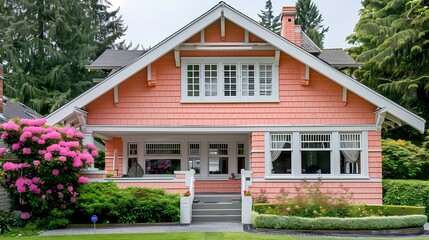 Craft man house exterior painted in peach with white window trims