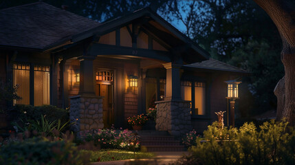 The warm, ambient lighting of a Craftsman house's exterior sconces, casting a welcoming glow at night  - Powered by Adobe