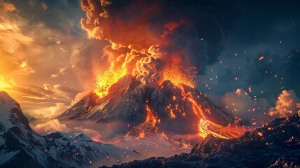Volcano erupting hot lava and gases into the atmosphere. Lava spurting out of crater and smoke cloud