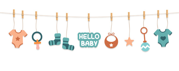 baby shower welcome greeting card for childbirth with blue hanging utensils vector illustration