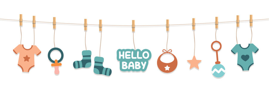 baby shower welcome greeting card for childbirth with blue hanging utensils vector illustration