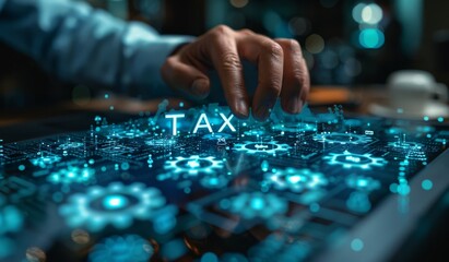 Businessman touching on the word tax in futuristic digital interface