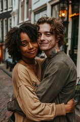 Fototapeta premium Smiling couple embracing on a city street capturing a candid moment of affection and happiness