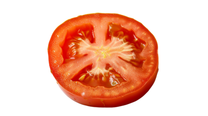A tomato cut in half, revealing its juicy red interior, placed on a clean white background