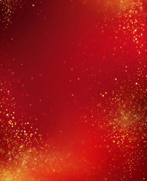 Abstract gold glitter lights on red background for banner. Blurred bokeh. Backdrop for Christmas, New Year greeting cards, Valentines day, Womens day, holiday or event 