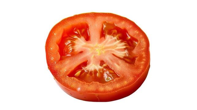 A tomato cut in half, revealing its juicy red interior, placed on a clean white background