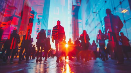 Silhouettes of people walking in a vibrant cityscape at sunset, with colorful reflections and a dynamic urban atmosphere.