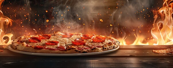  pizza on plate on fire background, italian fast food restaurant, tasty food banner, menu wallpaper