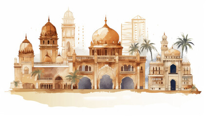 Watercolor splash with hand drawn sketch of Gateway of India Mumbai, India in illustration