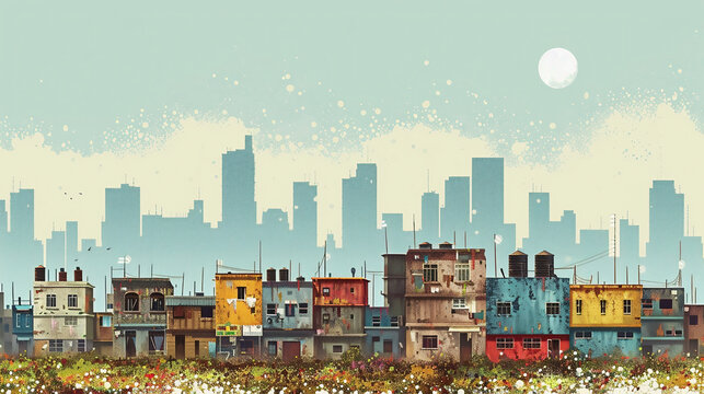 An illustration of a cityscape showing the stark contrast between wealth and poverty