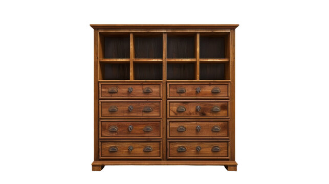 A wooden cabinet with numerous drawers and knobs in a room