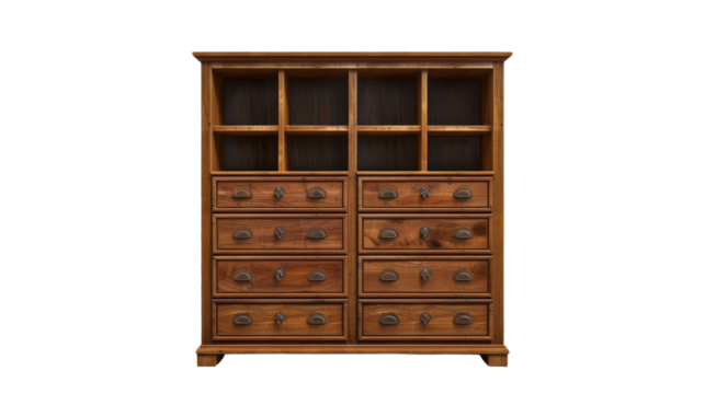 A wooden cabinet with numerous drawers and knobs in a room
