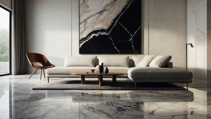 Interior of minimalist modern living room with marble floor and abstract artistic art