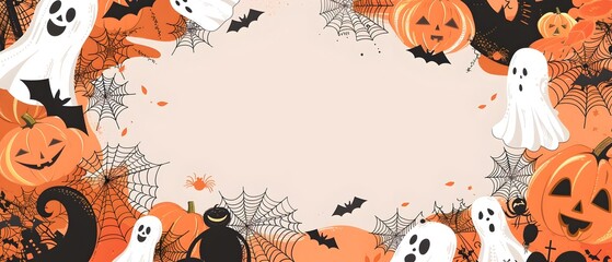 Whimsical Halloween Doodle Border with Pumpkins Ghosts and Spiderwebs