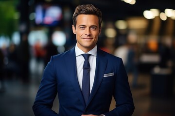 a young attractive man in a business suit against the background of television equipment, the background is blurred. Concept for presentations, television, radio broadcasting and news coverage