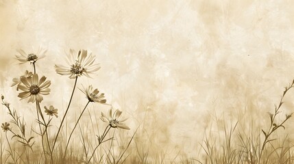 Vintage Style Wildflowers in Rustic Sepia Toned Sketch with Ample Space