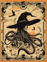 octopus witch halloween vintage engraved background