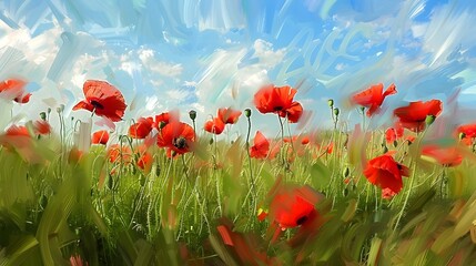 Obraz premium Vibrant Poppy Field in Impressionist Painting Style with Dynamic Brush Strokes