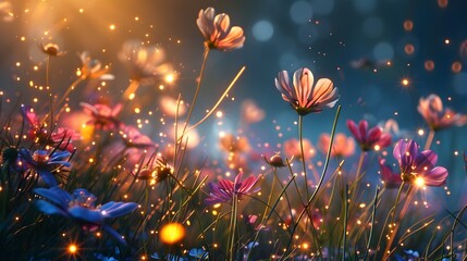 Enchanting Glowing Floral Meadow in Fantasy Fairytale Landscape with Vibrant Whimsical Atmosphere