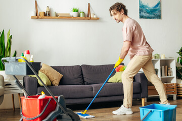 A handsome man in cozy homewear meticulously cleans a living room with a mop.