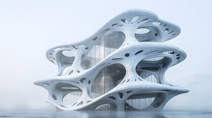 Futuristic 3D printing of an office building, capturing the technology and efficiency in construction