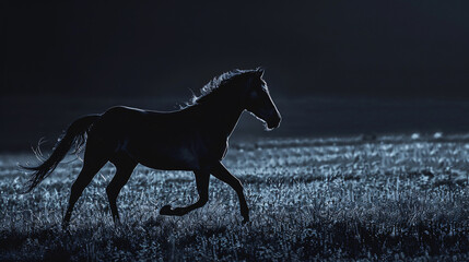 Horse silhouette at twilight. A majestic horse is silhouetted against a twilight sky, galloping across a moonlit field.