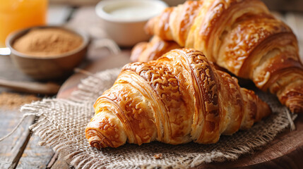 Freshly baked croissants on wooden table. Delicious golden brown croissants on a rustic wooden table, perfect for breakfast or brunch.