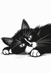 Obraz premium A cute cat is lying down, illustration in black and white silhouette with simple lines on a clean white background.
