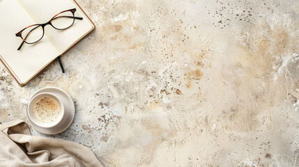 table en marbre vue de dessus avec carnet, lunette et tasse de café, espace pour texte