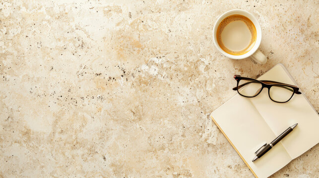 table en marbre vue de dessus avec carnet, lunette et tasse de caf&eacute;, espace pour texte