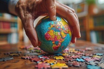 Giant Hand Placing Final Puzzle Piece for Global Business Success