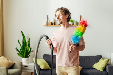 A stylish man holding a colorful toy next to a vacuum cleaner in a cozy home. © LIGHTFIELD STUDIOS