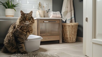 A large cat standing next to a litter box, with a bathroom cabinet and towels in the background, looking comfortable in its space.