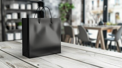 A black shopping bag is placed on a white wooden table in a room, mockup