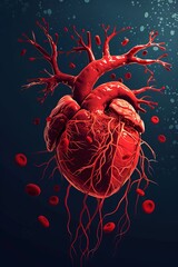 Detailed closeup of human heart and veins in medical illustration